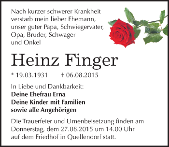 Traueranzeige von Heinz Finger von Mitteldeutsche Zeitung Köthen