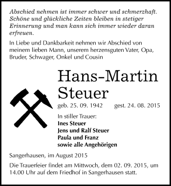 Traueranzeige von Hans-Martin Steuer von Mitteldeutsche Zeitung Sangerhausen