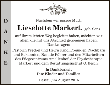Traueranzeige von Lieselotte Markert von WVG - Wochenspiegel Dessau / Köthen