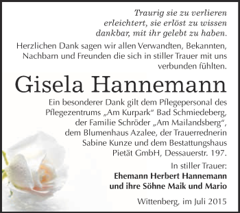 Traueranzeige von Gisela Hannemann von Super Sonntag Wittenberg