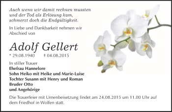 Traueranzeige von Adolf Gellert von WVG - Wochenspiegel Bitterfeld