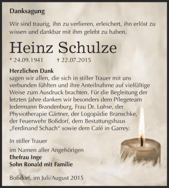 Traueranzeige von Heinz Schulze von Super Sonntag Wittenberg
