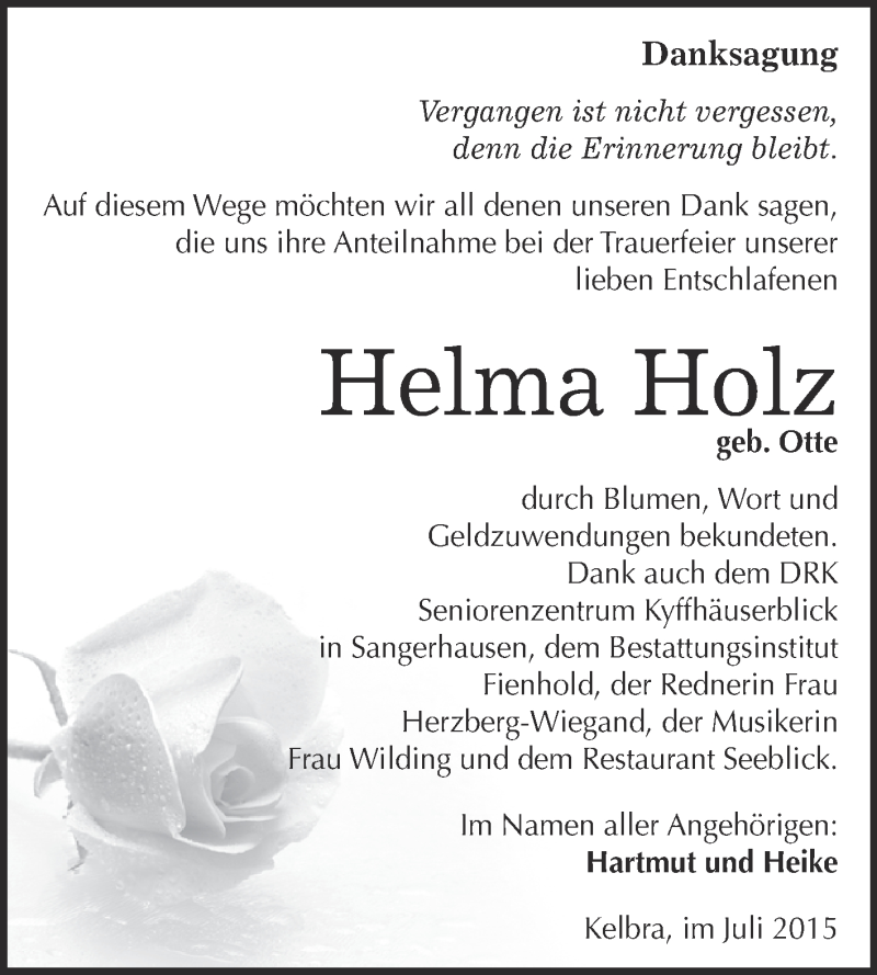  Traueranzeige für Helma Holz vom 01.08.2015 aus Super Sonntag SGH Mansf. Land