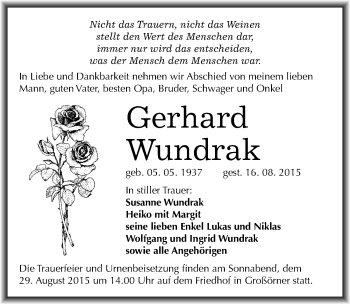 Traueranzeige von Gerhard Wundrak von Mitteldeutsche Zeitung Mansfelder Land