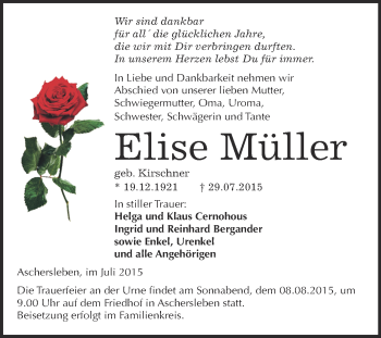 Traueranzeige von Elise Müller von Super Sonntag Aschersleben