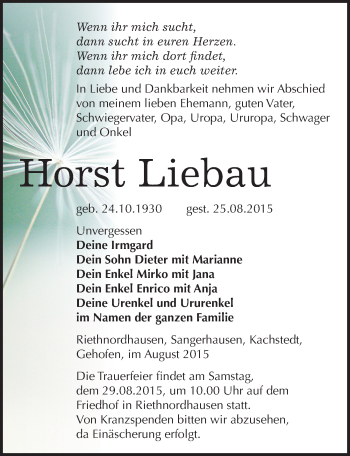 Traueranzeige von Horst Liebau von Mitteldeutsche Zeitung Sangerhausen