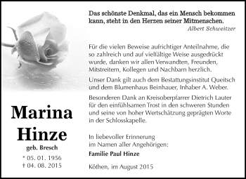 Traueranzeige von Marina Hinze von WVG - Wochenspiegel Dessau / Köthen