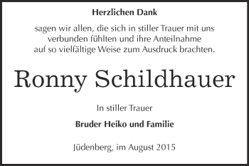 Traueranzeige von Ronny Schildhauer von WVG - Wochenspiegel Wittenberg