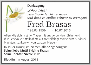 Traueranzeige von Fred Brasas von WVG - Wochenspiegel Wittenberg