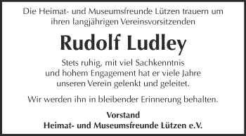 Traueranzeige von Rudolf Ludley von WVG - Wochenspiegel NMB / WSF / ZTZ