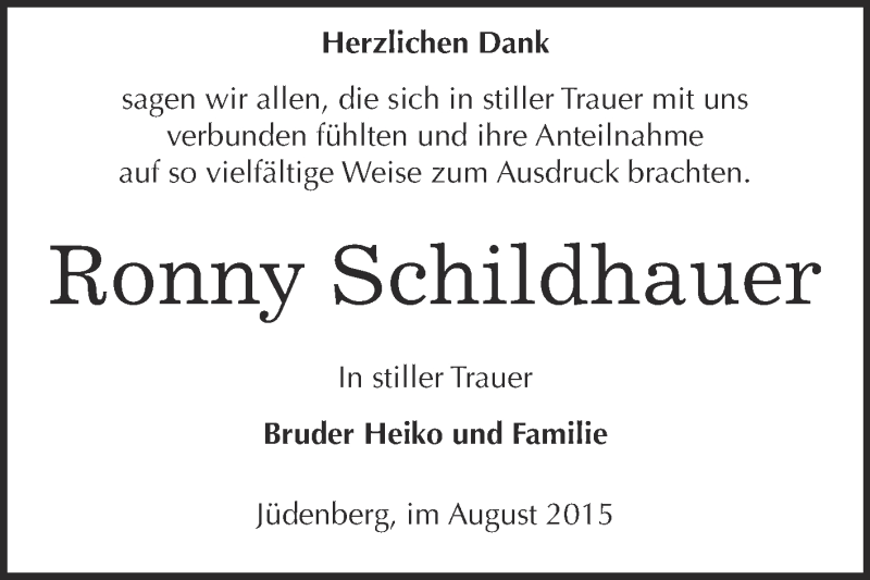  Traueranzeige für Ronny Schildhauer vom 08.08.2015 aus WVG - Wochenspiegel Wittenberg