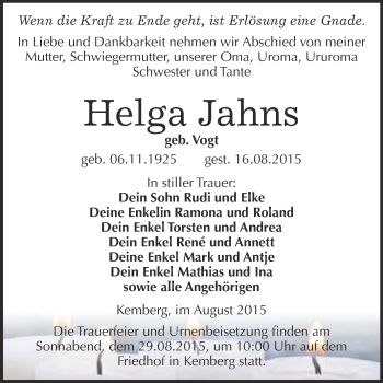 Traueranzeige von Helga Jahns von WVG - Wochenspiegel Wittenberg
