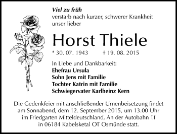 Traueranzeige von Horst Thiele von Mitteldeutsche Zeitung Halle/Saalkreis