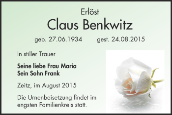 Traueranzeige von Claus Benkwitz von Super Sonntag Zeitz