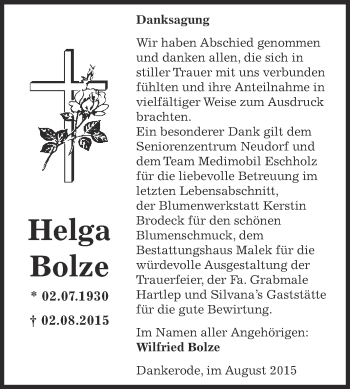 Traueranzeige von Helga Bolze von WVG - Wochenspiegel Quedlinburg