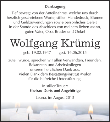 Traueranzeige von Wolfgang Krümig von Super Sonntag Merseburg