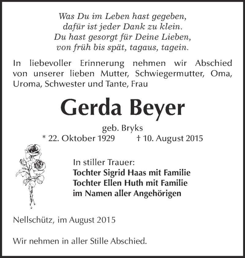  Traueranzeige für Gerda Beyer vom 19.08.2015 aus WVG - Wochenspiegel NMB / WSF / ZTZ