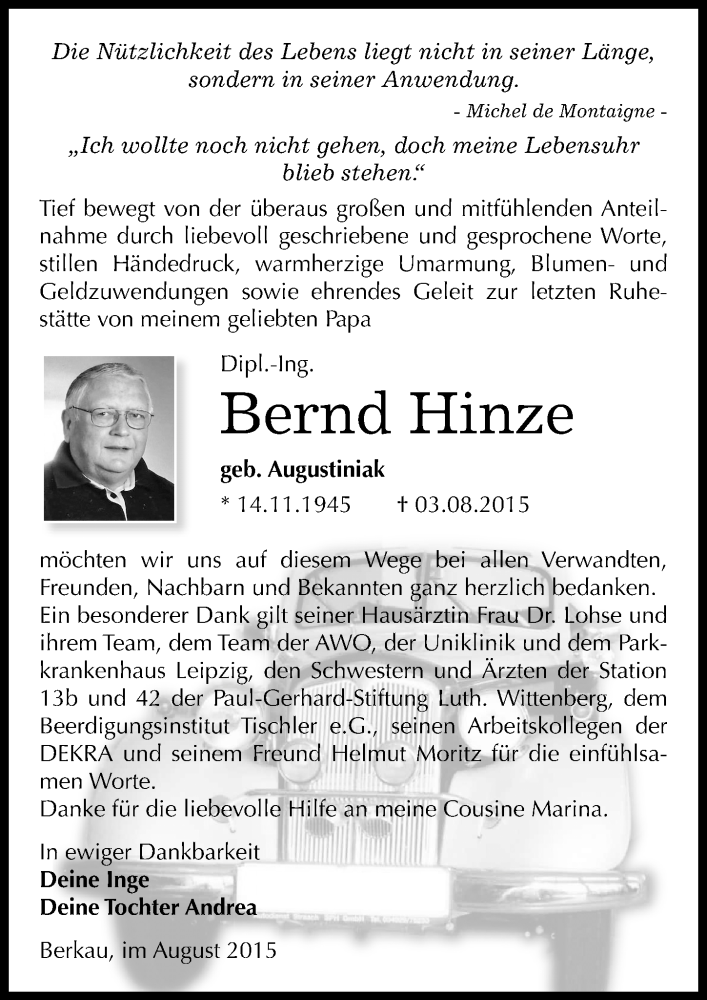  Traueranzeige für Bernd Hinze vom 29.08.2015 aus Mitteldeutsche Zeitung Wittenberg