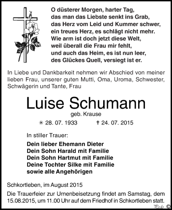 Traueranzeige von Luise Schumann von WVG - Wochenspiegel NMB / WSF / ZTZ