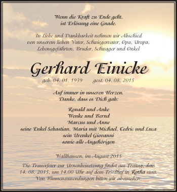 Traueranzeige von Gerhard Einicke von Mitteldeutsche Zeitung Sangerhausen