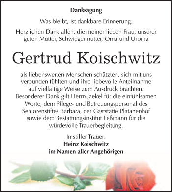 Traueranzeige von Gertrud Koischwitz von WVG - Wochenspiegel Wittenberg