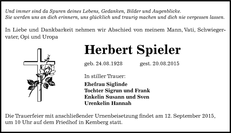  Traueranzeige für Herbert Spieler vom 29.08.2015 aus Mitteldeutsche Zeitung Wittenberg