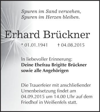 Traueranzeige von Erhard Brückner von WVG - Wochenspiegel NMB / WSF / ZTZ