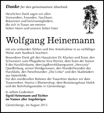 Traueranzeige von Wolfgang Heinemann von Mitteldeutsche Zeitung Quedlinburg