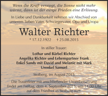 Traueranzeige von Walter Richter von WVG - Wochenspiegel Quedlinburg