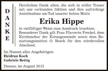 Traueranzeige von Erika Hippe von WVG - Wochenspiegel Dessau / Köthen