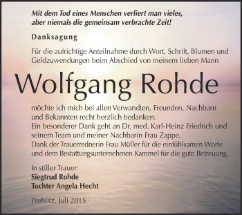 Traueranzeige von Wolfgang Rohde von Super Sonntag Zeitz
