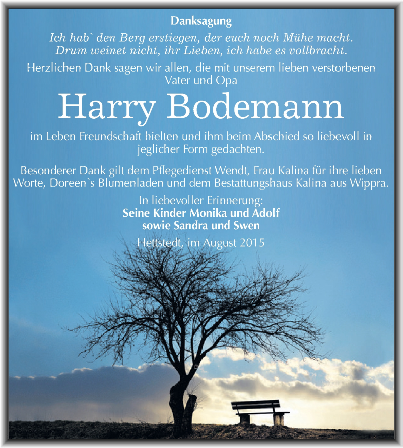  Traueranzeige für Harry Bodemann vom 15.08.2015 aus Super Sonntag SGH Mansf. Land