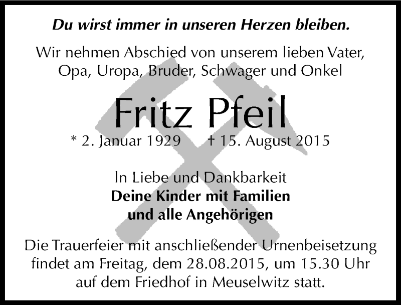  Traueranzeige für Fritz Pfeil vom 22.08.2015 aus Mitteldeutsche Zeitung Zeitz