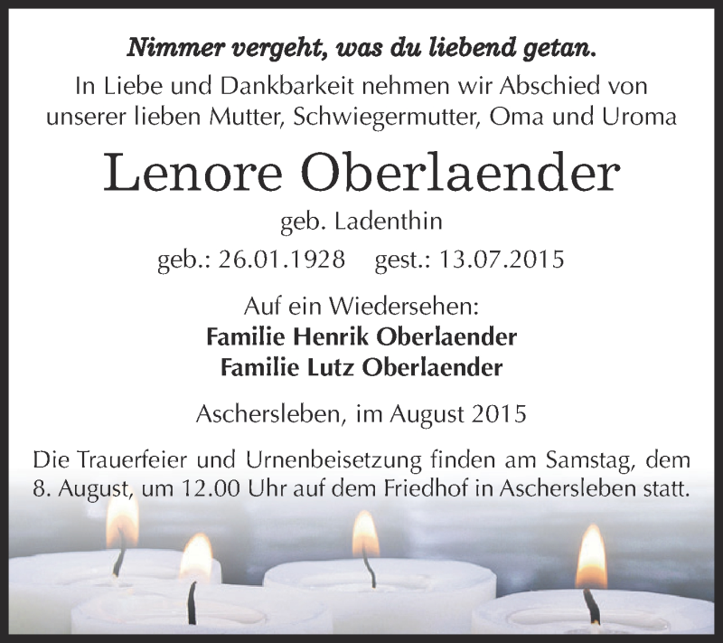  Traueranzeige für Lenore Oberlaender vom 05.08.2015 aus Super Sonntag Aschersleben