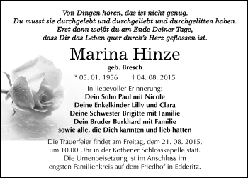 Traueranzeige von Marina Hinze von Mitteldeutsche Zeitung Köthen
