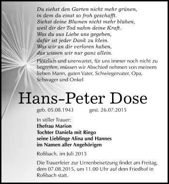 Traueranzeige von Hans-Peter Dose von Mitteldeutsche Zeitung Merseburg/Querfurt