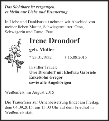 Traueranzeige von Irene Drondorf von WVG - Wochenspiegel NMB / WSF / ZTZ