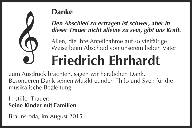  Traueranzeige für Friedrich Ehrhardt vom 05.08.2015 aus WVG - Wochenspiegel NMB / WSF / ZTZ
