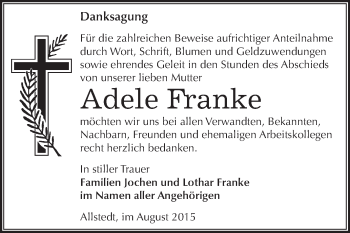 Traueranzeige von Adele Franke von Super Sonntag SGH Mansf. Land