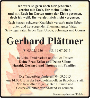Traueranzeige von Gerhard Plättner von Mitteldeutsche Zeitung Quedlinburg
