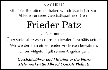Traueranzeige von Frieder Patz von Mitteldeutsche Zeitung Halle/Saalkreis