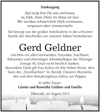 Traueranzeige von Gerd Geldner von Wochenspiegel Mansfelder Land