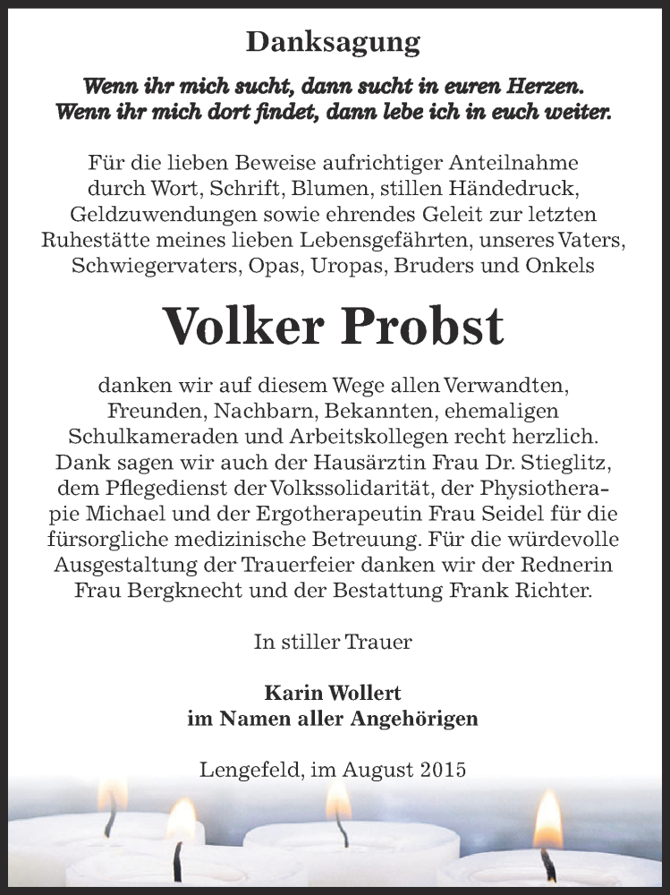  Traueranzeige für Volker Probst vom 29.08.2015 aus Super Sonntag SGH Mansf. Land