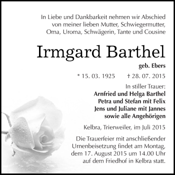 Traueranzeige von Irmgard Barthel von Super Sonntag SGH Mansf. Land
