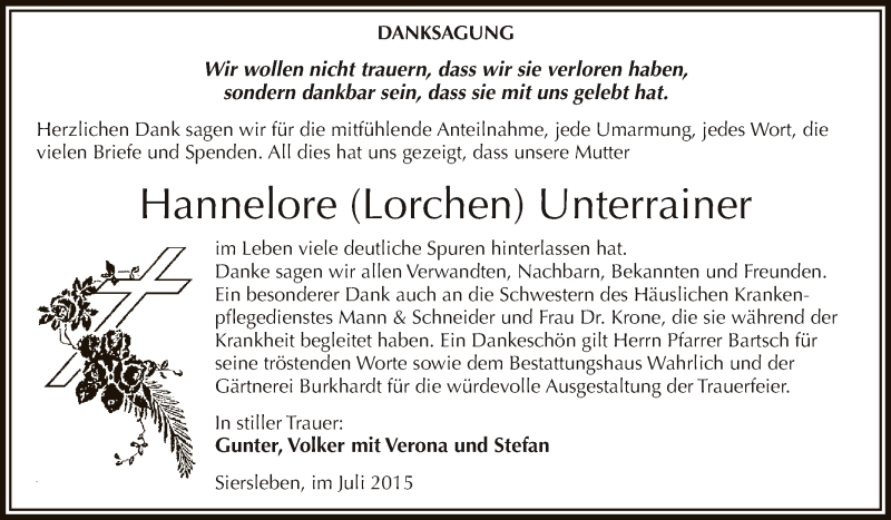  Traueranzeige für Hannelore Unterrainer vom 19.08.2015 aus Wochenspiegel Mansfelder Land