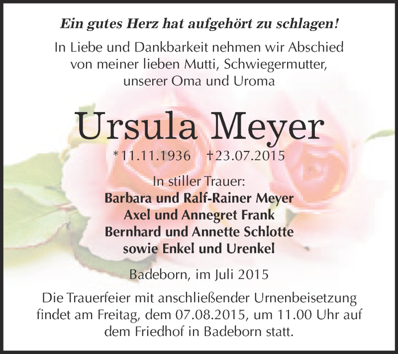  Traueranzeige für Ursula Meyer vom 01.08.2015 aus WVG - Wochenspiegel Quedlinburg