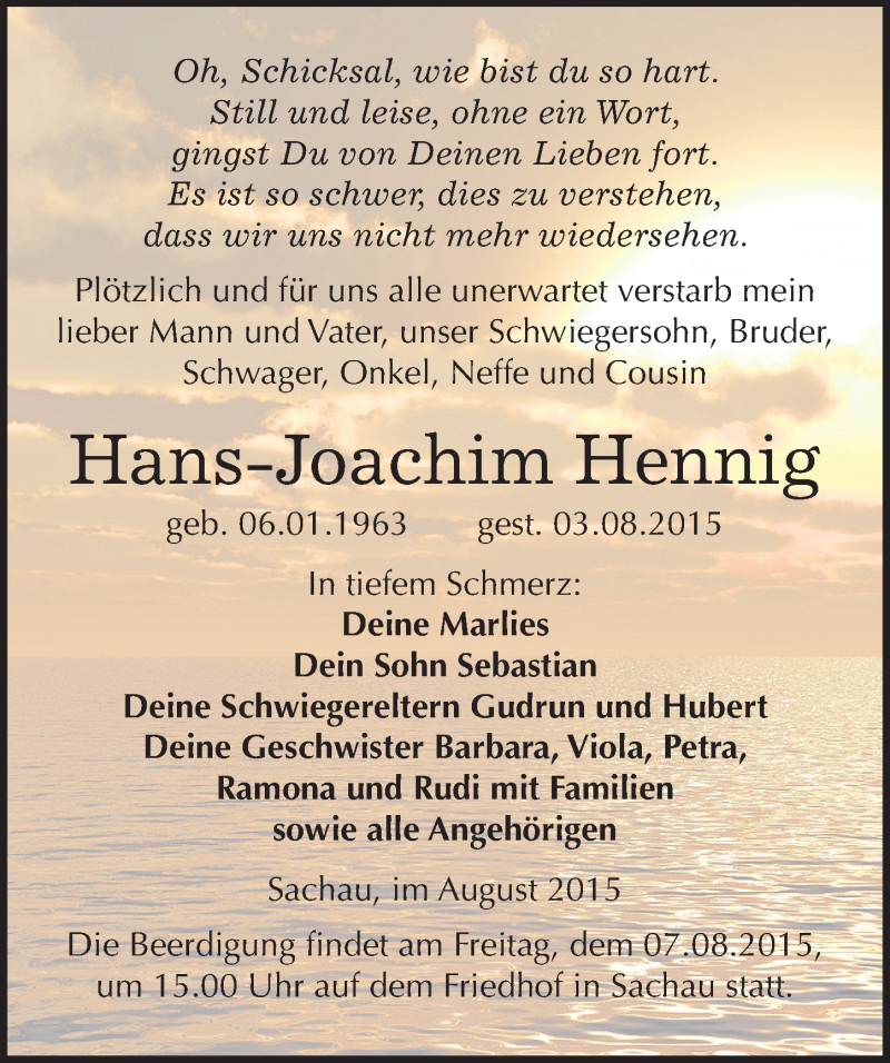  Traueranzeige für Hans-Joachim Hennig vom 05.08.2015 aus Mitteldeutsche Zeitung Wittenberg