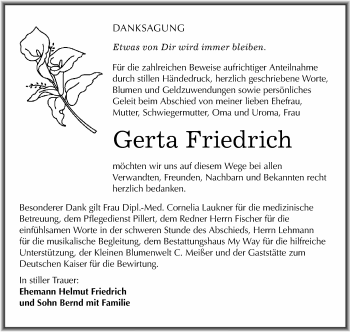 Traueranzeige von Gerta Friedrich von WVG - Wochenspiegel NMB / WSF / ZTZ