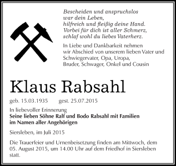 Traueranzeige von Klaus Rabsahl von Super Sonntag SGH Mansf. Land
