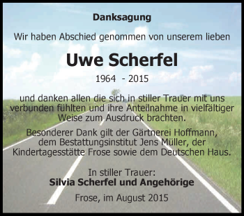 Traueranzeige von Uwe Scherfel von Super Sonntag Aschersleben